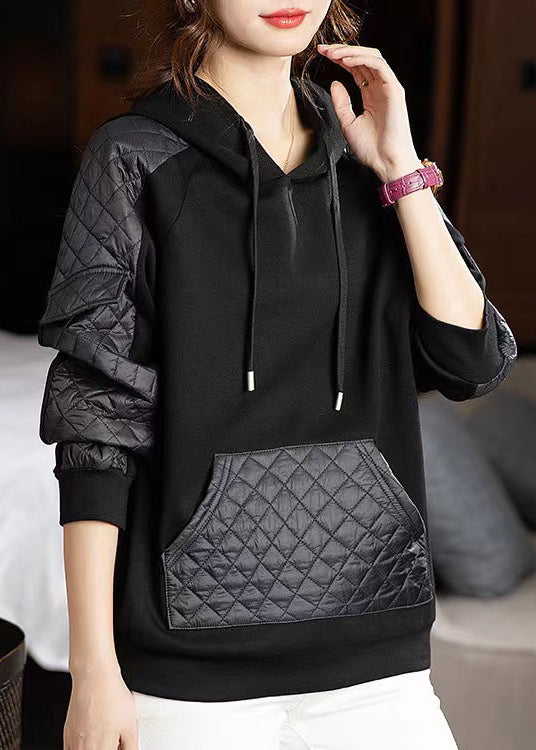 Loose Black Hooded Pockets Patchwork Thick Sweatshirts Fall