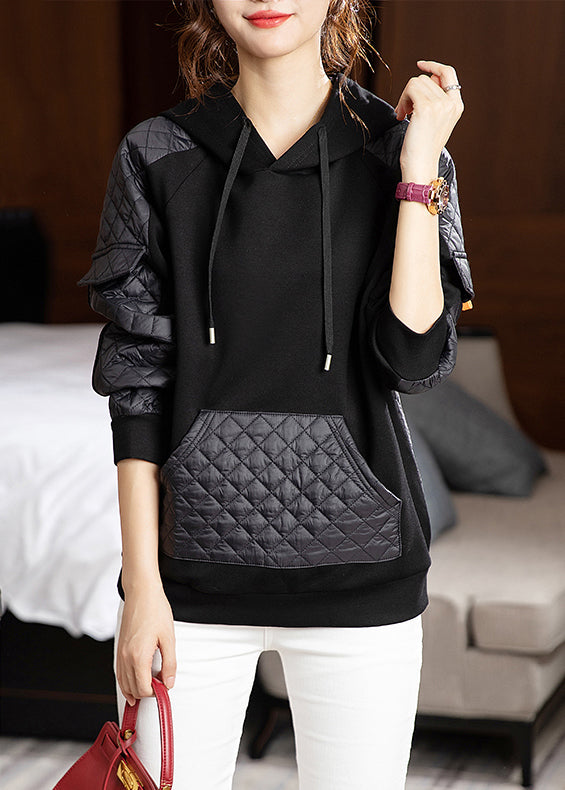 Loose Black Hooded Pockets Patchwork Thick Sweatshirts Fall