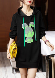 Loose Black Hooded Print Patchwork Cotton Dresses Fall