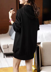 Loose Black Hooded Print Patchwork Cotton Dresses Fall