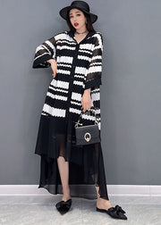 Loose Black Hooded Striped Print Low High Design Tulle Vacation UPF 50+ Dresses Bracelet Sleeve