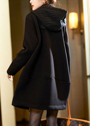 Loose Black Hooded Zippered Patchwork Thick Coats Spring