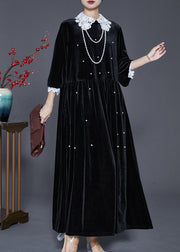 Loose Black Lace Patchwork Nail Bead Silk Velvet Long Dresses Spring