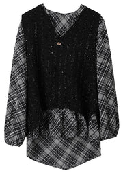 Loose Black Low High Design Patchwork False Two Pieces Top Fall