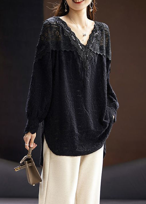 Loose Black Nail Bead Side Open Lace Shirt Spring