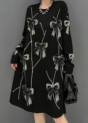 Loose Black O-Neck Bow Knit Long Dresses Winter