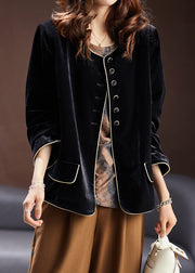 Loose Black O Neck Button Patchwork Silk Velour Coats Spring
