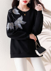 Loose Black O Neck Embroidered Patchwork Cotton Tops Fall