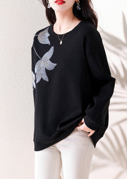 Loose Black O Neck Embroidered Patchwork Cotton Tops Fall