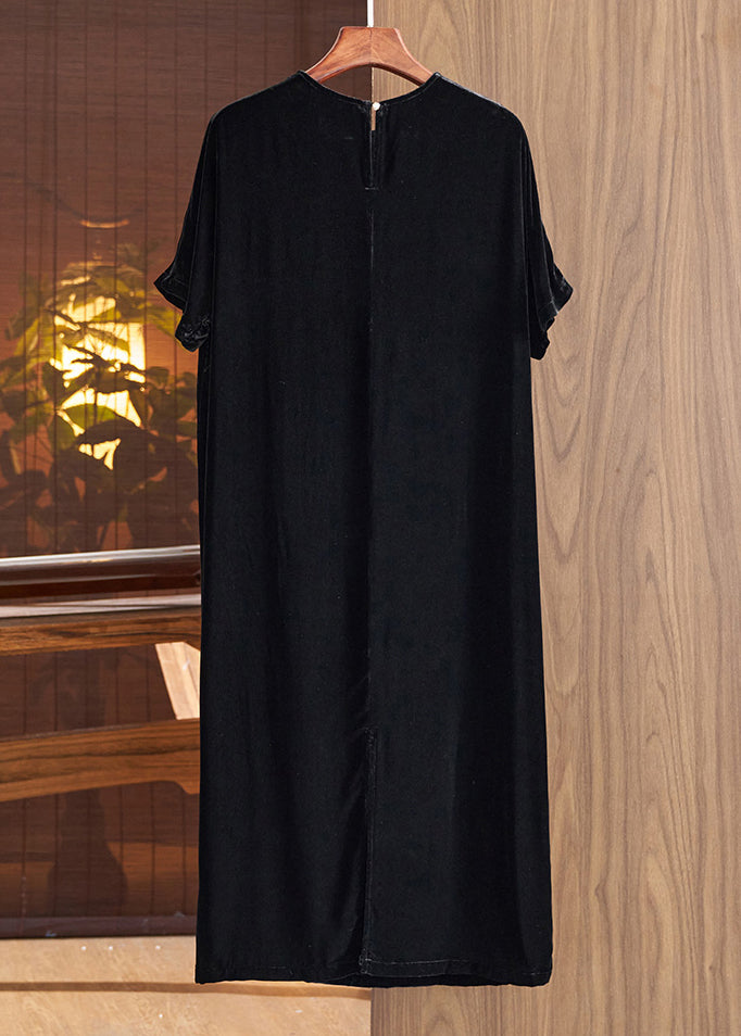 Loose Black O Neck Embroidered Silk Velour Dresses Fall