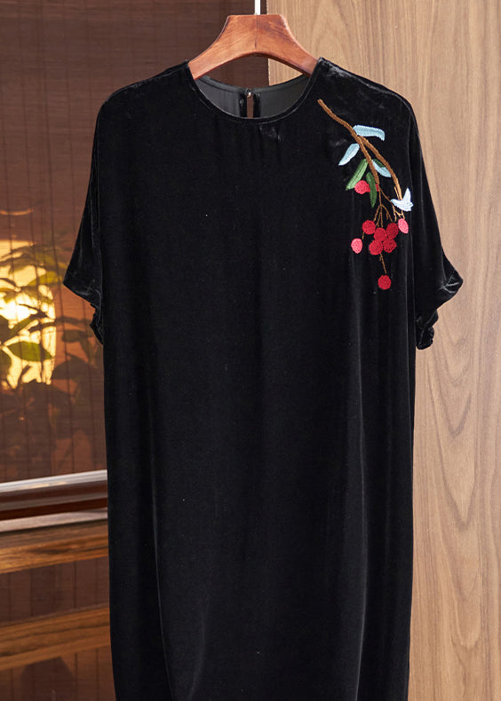 Loose Black O Neck Embroidered Silk Velour Dresses Fall