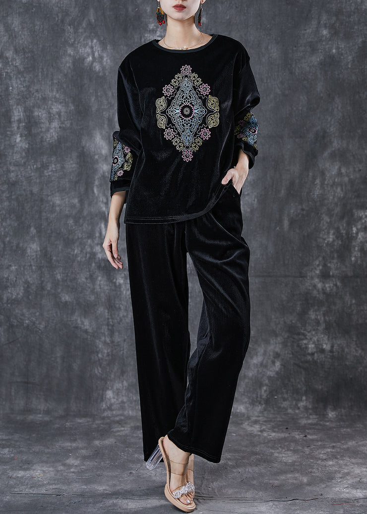 Loose Black O-Neck Embroideried Silk Velour Two Piece Suit Set Spring