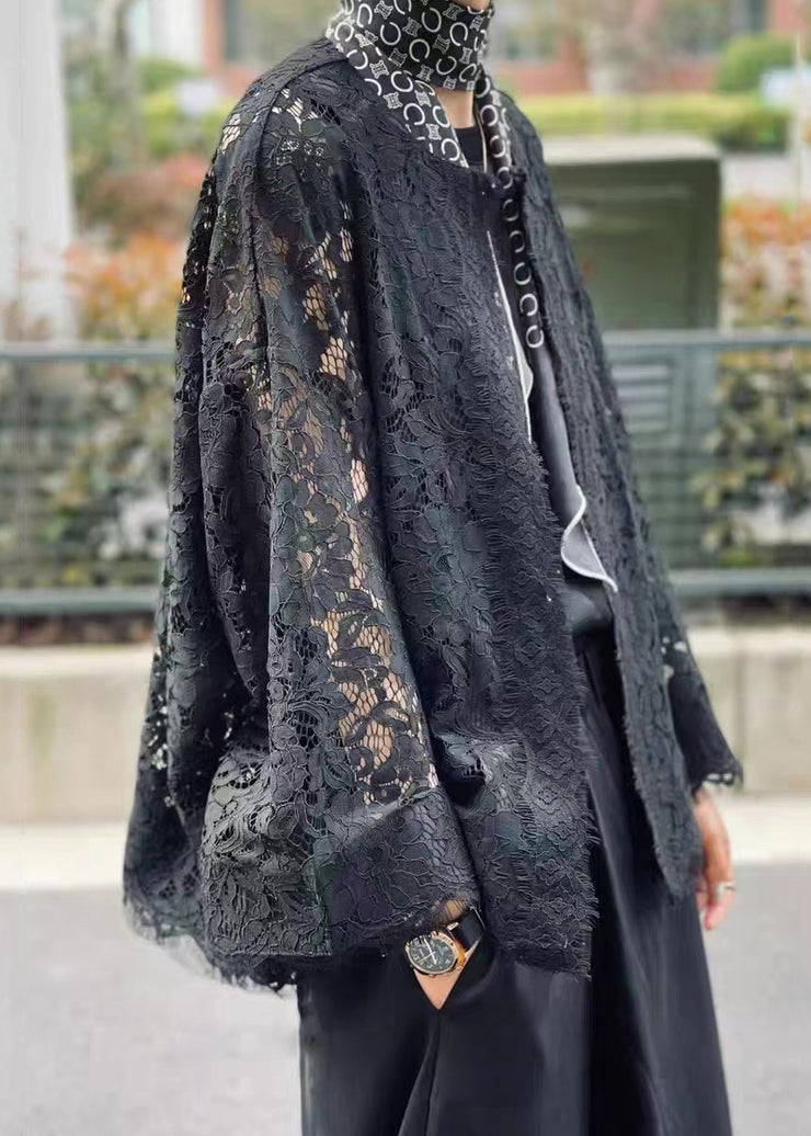 Loose Black O Neck Hollow Out Patchwork Lace Cardigans Flare Sleeve