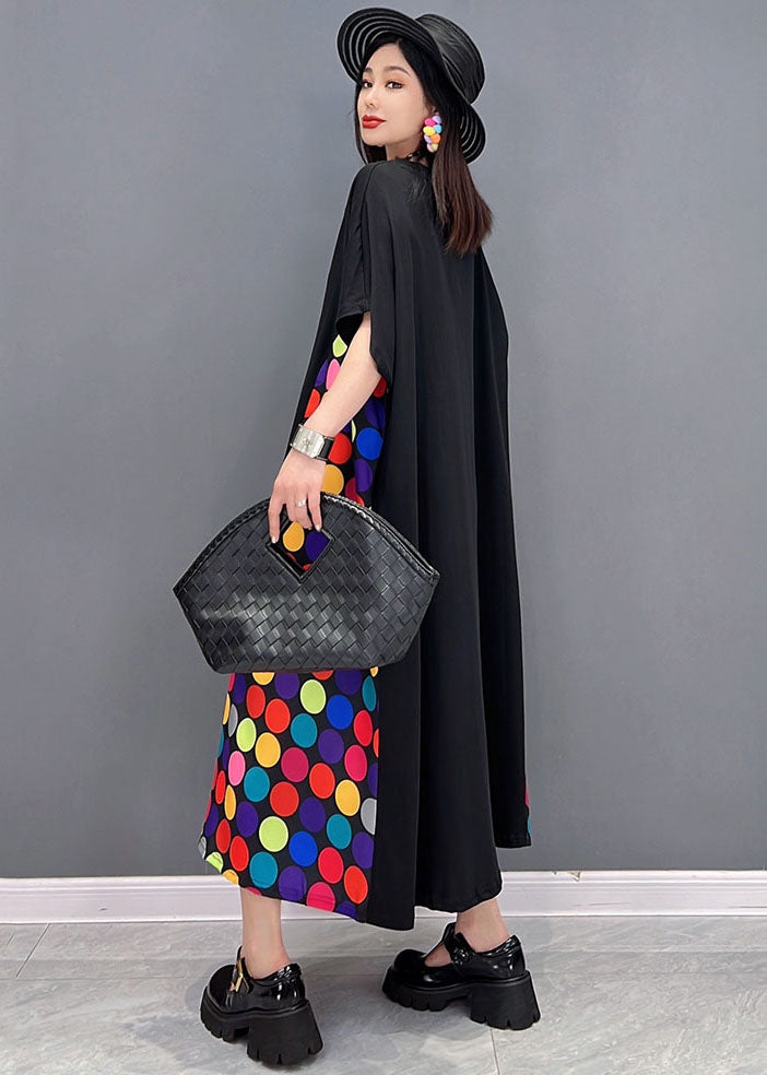 Loose Black O-Neck Patchwork Multi Dot Print Cotton Long Dress Short Sleeve