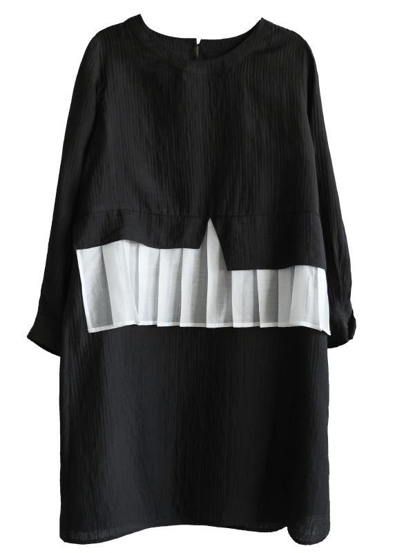 Loose Black O Neck Patchwork Spring Maxi Dress - SooLinen