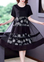 Loose Black O-Neck Patchwork Tulle Cotton Fake Two Piece Dress Summer