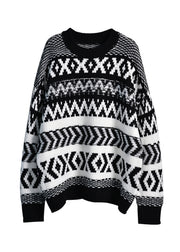 Loose Black O-Neck Print Thick Cotton Knit Sweaters Fall