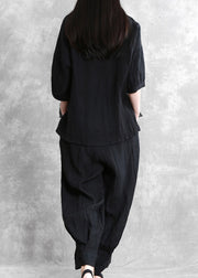 Loose Black O-Neck Side Open Linen Top And Wide Leg Pants Two Pieces Set Long Sleeve