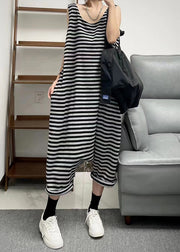 Loose Black O Neck Striped Patchwork Knitting Cotton Jumpsuit Sleeveless