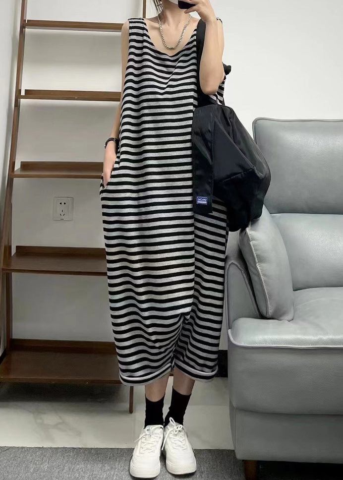 Loose Black O Neck Striped Patchwork Knitting Cotton Jumpsuit Sleeveless