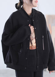 Lockerer schwarzer O-Ausschnitt mit Reißverschluss, Knopftaschen, Baumwollmantel, lange Ärmel