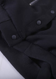 Lockerer schwarzer O-Ausschnitt mit Reißverschluss, Knopftaschen, Baumwollmantel, lange Ärmel
