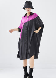 Loose Black Oversized Patchwork Silk Ankle Dress Batwing Sleeve