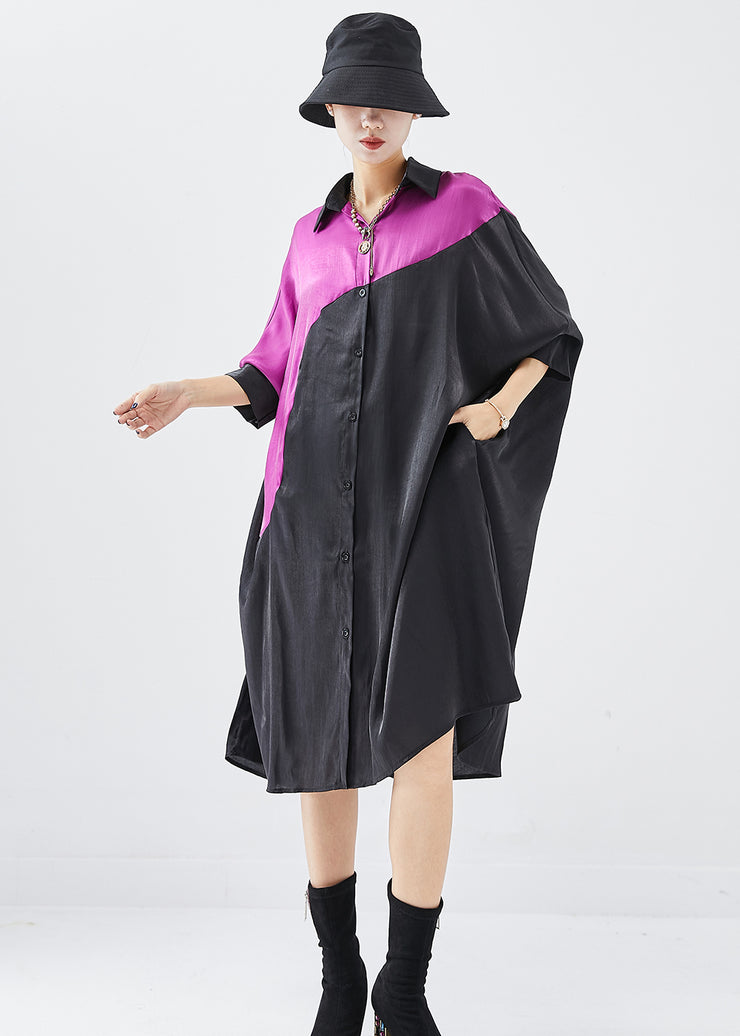 Loose Black Oversized Patchwork Silk Ankle Dress Batwing Sleeve