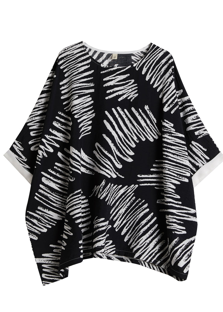 Loose Black Oversized Print Cotton Tops Batwing Sleeve
