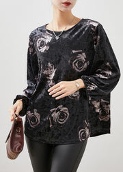Loose Black Oversized Rose Print Silk Velour Shirts Fall