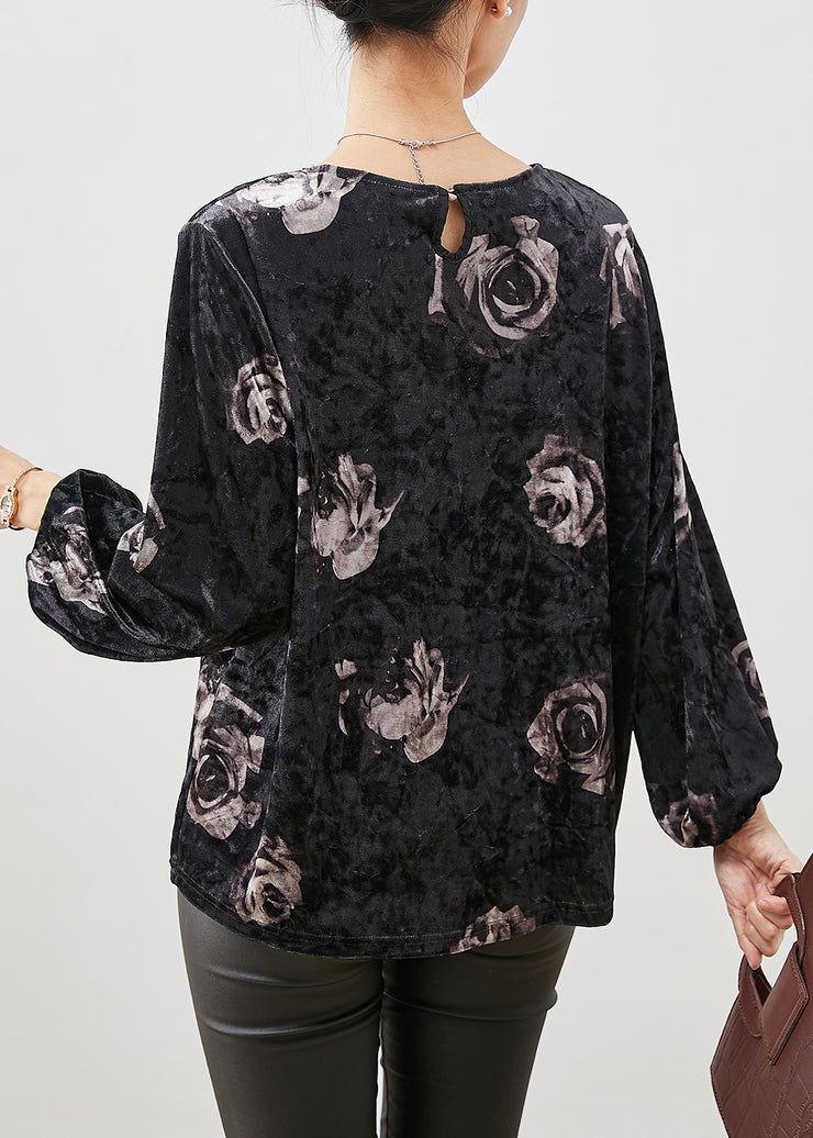 Loose Black Oversized Rose Print Silk Velour Shirts Fall