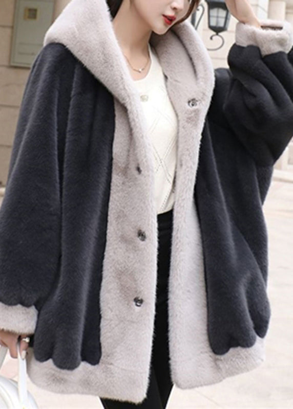 Loose Black Patchwork Button Hooded Coat Winter
