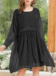 Loose Black Patchwork Chiffon Summer Dress - SooLinen