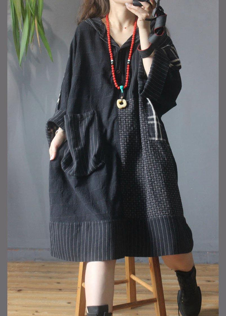 Loose Black Patchwork Cotton Dress hooded Cotton Linen Summer Mid Dress - SooLinen