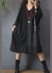 Loose Black Patchwork Cotton Dress hooded Cotton Linen Summer Mid Dress - SooLinen