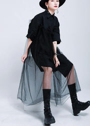 Loose Black Patchwork Lace shirts Summer Cotton Dress - SooLinen