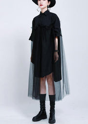 Loose Black Patchwork Lace shirts Summer Cotton Dress - SooLinen