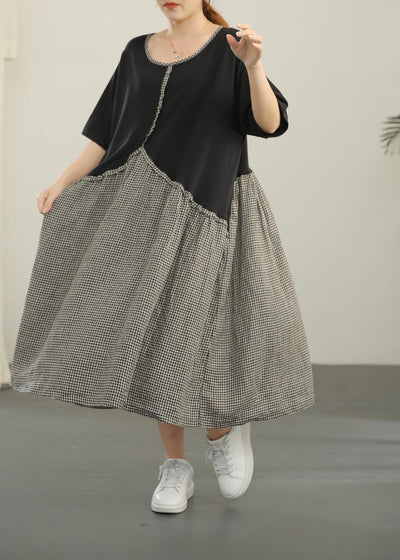 Loose Black Patchwork Plaid asymmetrical design Dresses Summer Cotton Linen - SooLinen