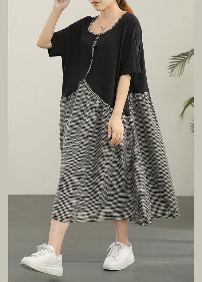 Loose Black Patchwork Plaid asymmetrical design Dresses Summer Cotton Linen - SooLinen