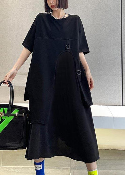 Loose Black Patchwork asymmetrical design Robe Dresses Summer - SooLinen