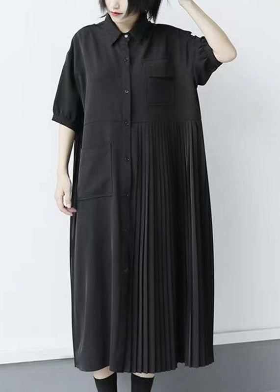 Loose Black Peter Pan Collar Patchwork Button Long Pleated Dresses Short Sleeve