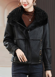 Loose Black Peter Pan Collar Zippered Fuzzy Fur Coats Winter