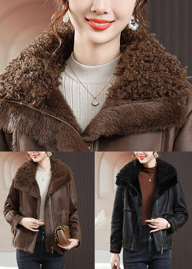 Loose Black Peter Pan Collar Zippered Fuzzy Fur Coats Winter