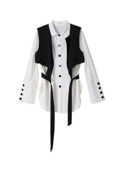 Loose Black Peter Pan Collar button shirt vest Two Piece Suit Set Spring