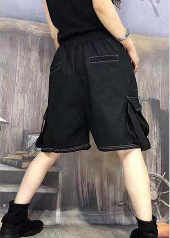 Loose Black Pockets Elastic Waist Cotton Wide Leg Pants Summer