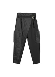 Lose schwarze Taschen Patchwork elastische Taille Crop Pants Herbst