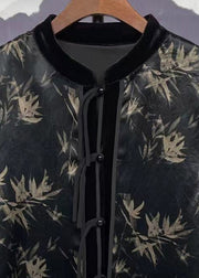 Loose Black Print Button Patchwork Velour Shirt Top Long Sleeve