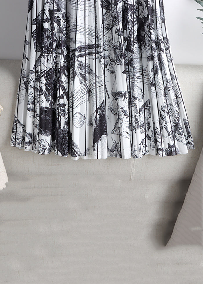 Loose Black Print Elastic Waist Cotton Pleated Skirt Spring