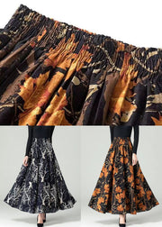 Loose Black Print Elastic Waist Patchwork Cotton Skirts Fall