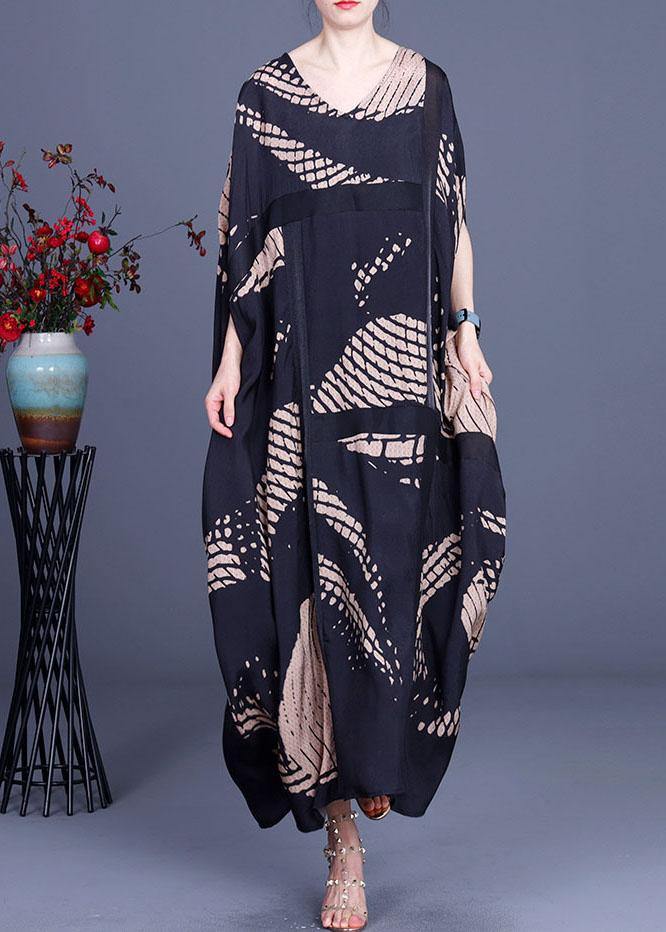 Loose Black Print O-Neck Batwing Sleeve Silk Dresses Summer - SooLinen